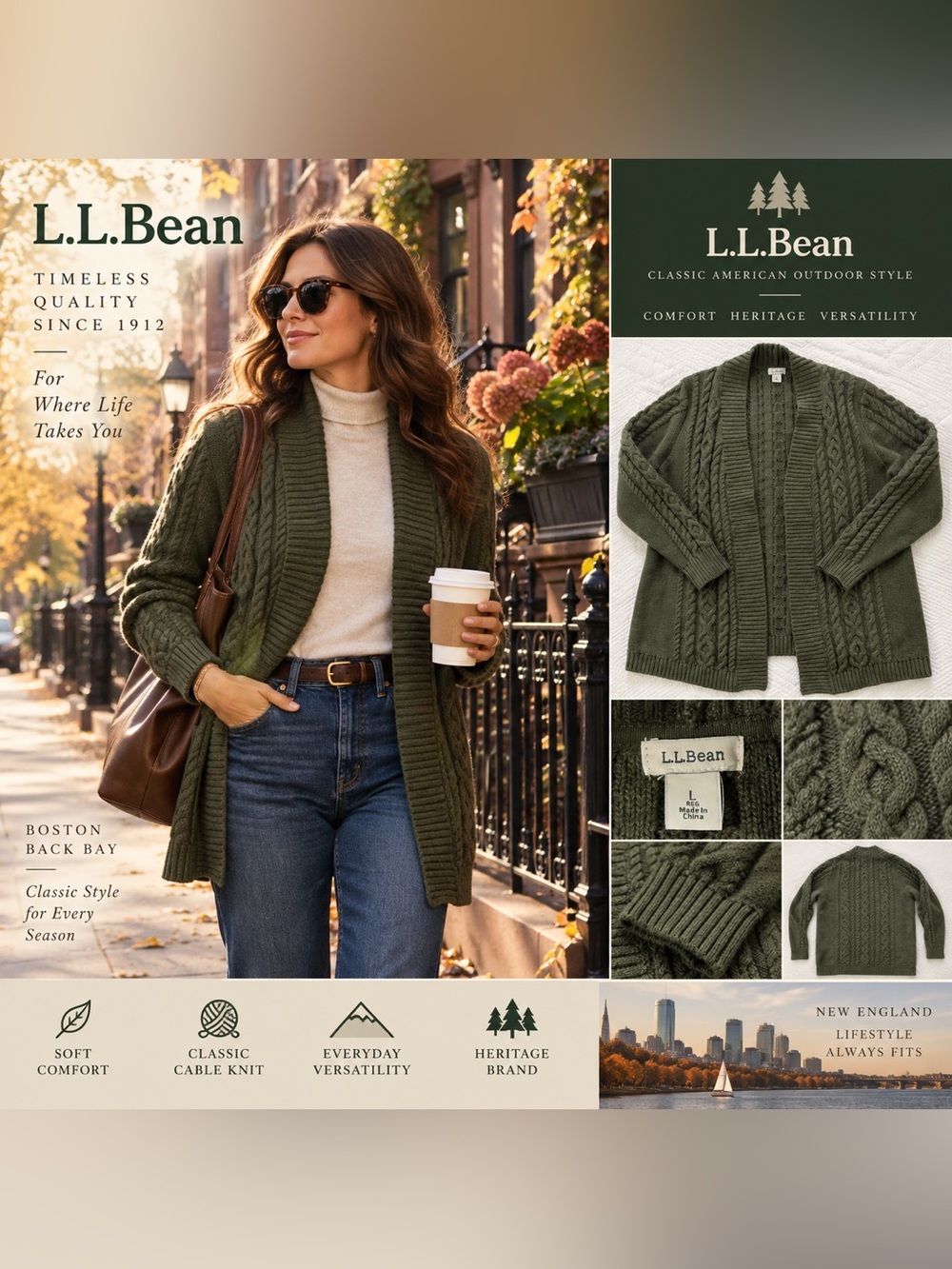 L.L. Bean Olive Green Cable Knit Open-Front Cardigan